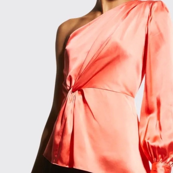 Cinq a Sept Neon Coral Satin Silk One Shoulder Stace Shirt Asymmetrical Blouse - Picture 7 of 14